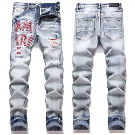 现货外贸跨境蓝色高街青年男式牛仔裤刺绣贴布破洞紧身小脚牛仔裤