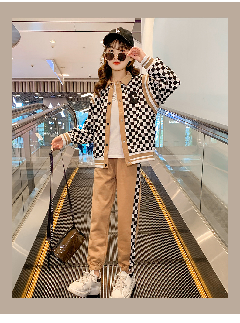 2023 New Set: Two Piece Set of Checkerboard Spring and Autumn Sports Elastic Loose Baseball Suit for Children, Girls,_voghion.com