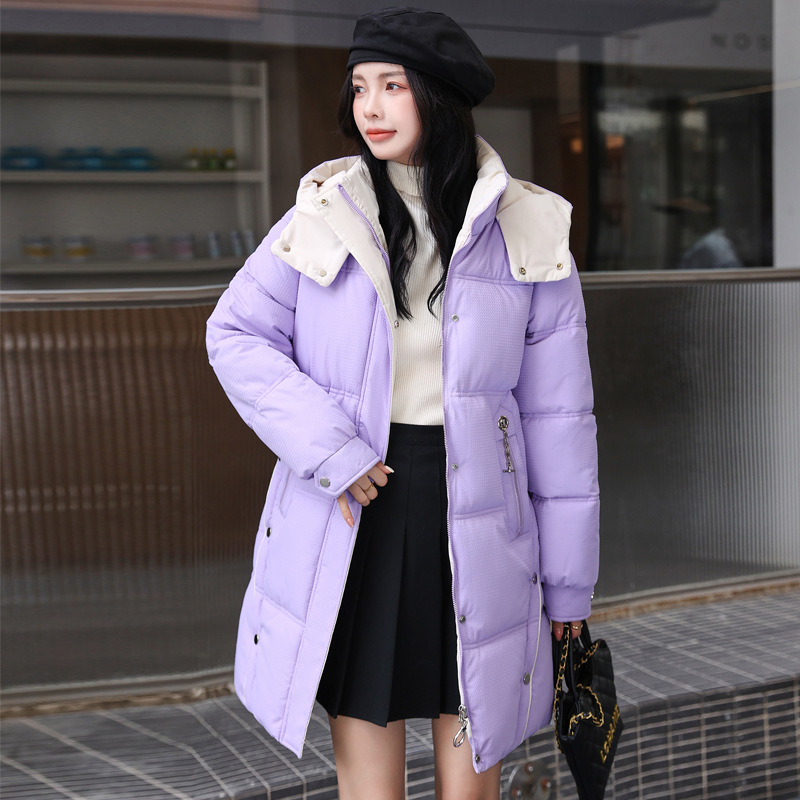 2025 invierno nuevo estilo de moda de color combinado para viajar tamaño grande relajado versátil medio y largo chaqueta de algodón caliente con capuzas image 4