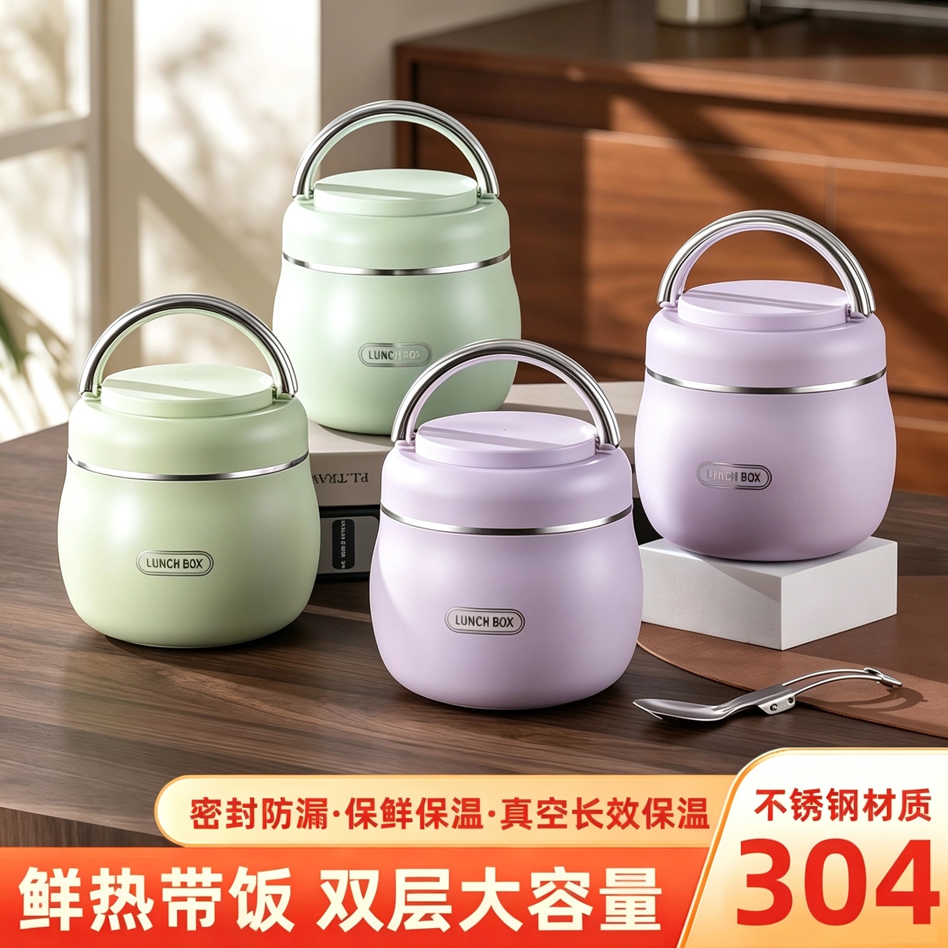 304 stainless steel insulated lunch box, portable student Japanese-style bento lunch box, large-capacity double-layer insulated lunch box