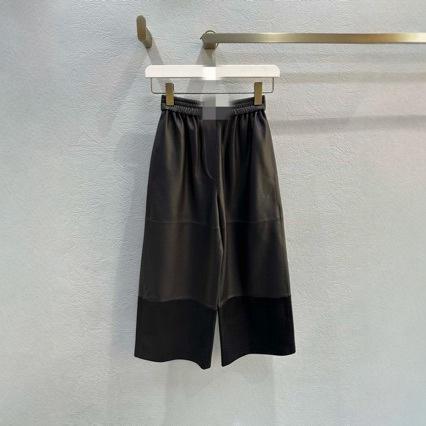 2025 Autumn and Winter New European and American Style Goatskin Spliced Suede Three-Quarter Wide-Leg Pants