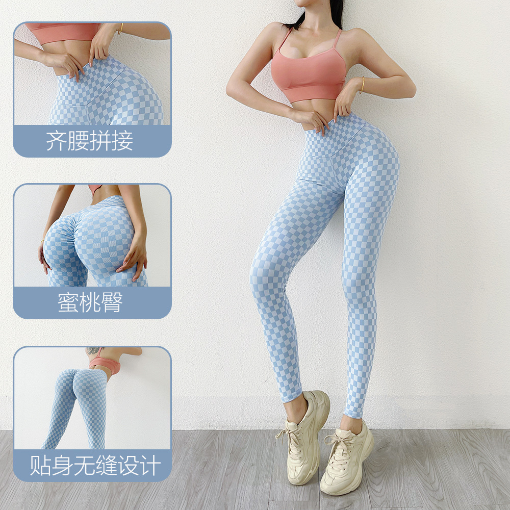 Ins europeo y americano sin costuras de punto Plaid yoga pantalones melocotón cadera sexy cadera adelgazamiento pantalones de secado rápido deportes fitness Pantalones