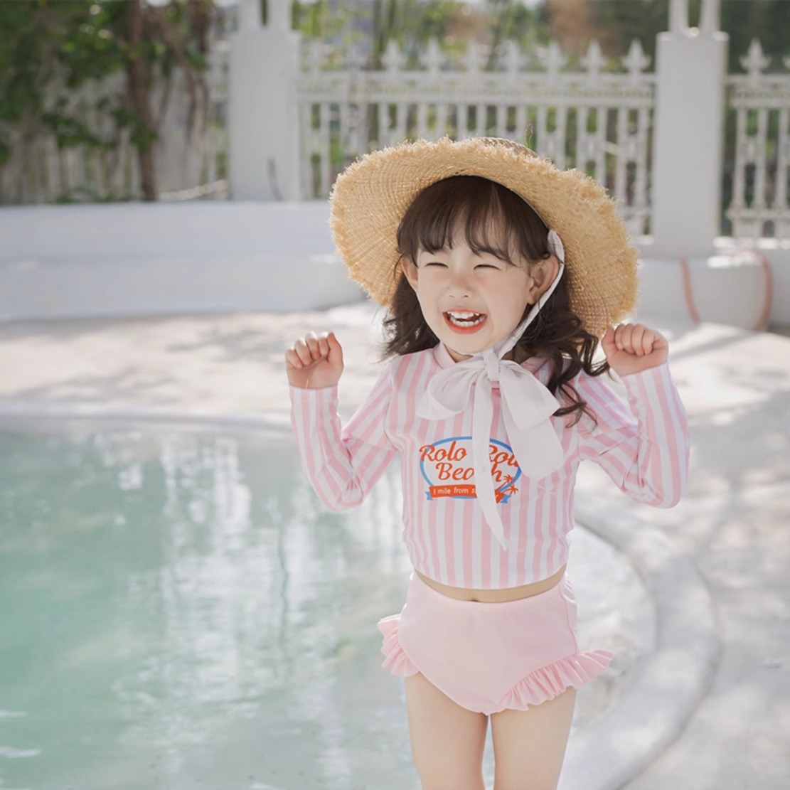 Cross-Border Children's Swimwear for Girls, Korean Style, Fresh Polyester, Contrasting Color, Girls' Two-Piece Swimsuit, Manufacturer Wholesale