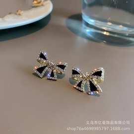 欧美跨境蝴蝶镶钻耳钉女高级气质耳饰蝴蝶结百搭黑色滴油耳环批发