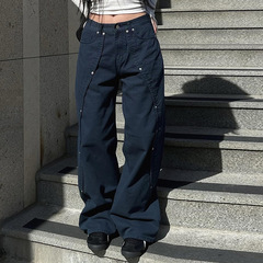 美式复古铆钉拼接设计分割牛仔裤女秋季宽松休闲直筒阔腿休闲长裤