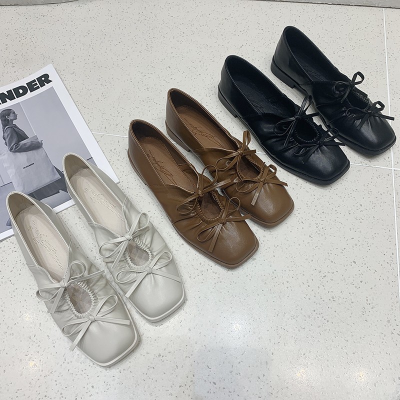 retro plain color square toe lace-up flats NSHU62841