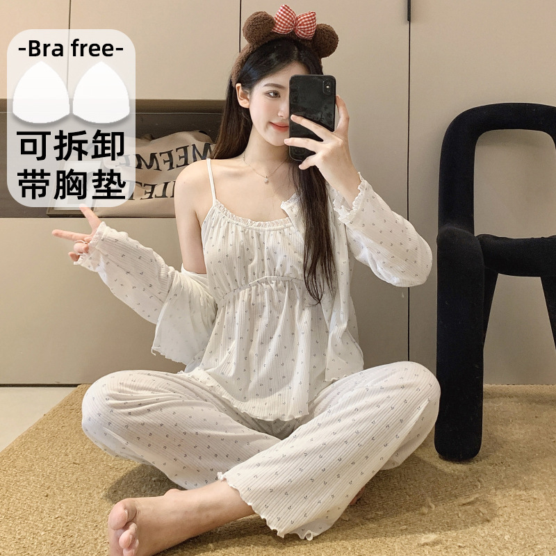 2025春夏季新款三件套6535棉带胸垫可拆卸背心+长袖+长裤女士睡衣|undefined