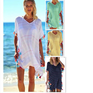 Wholesale European and American white striped tassel ball beach blouse, holiday wear wholesale