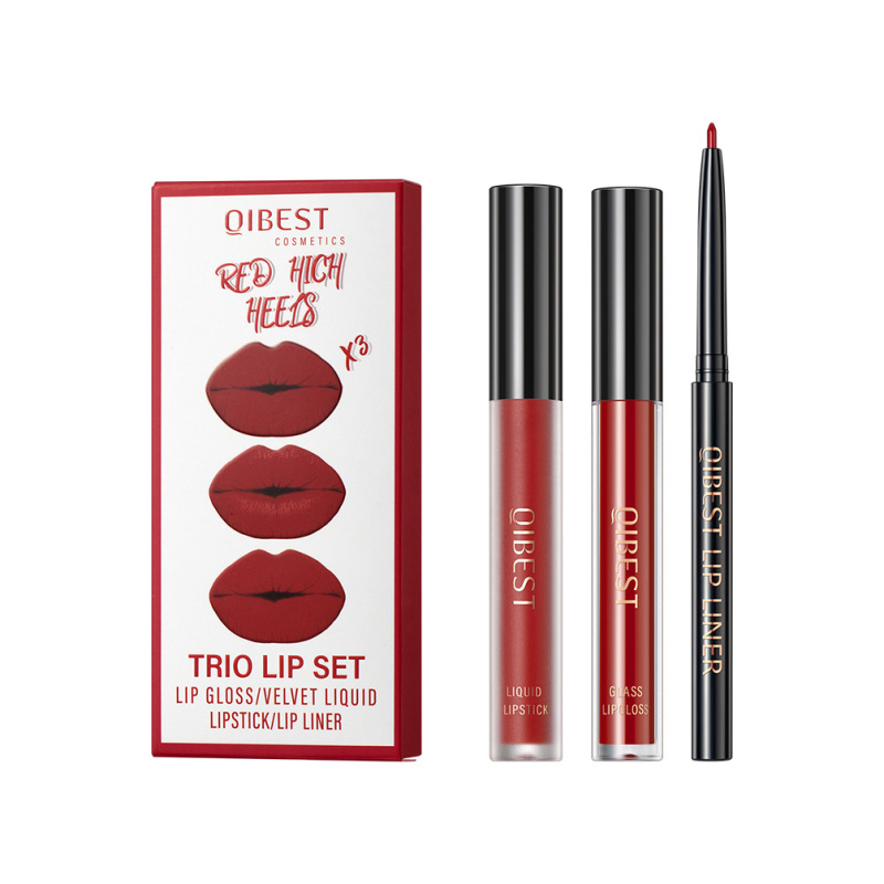 QIBEST クロスボーダーノンスティックカップ非退色リップグレーズマットマット保湿リップライナーセットスリーインワンメイクアップ|undefined