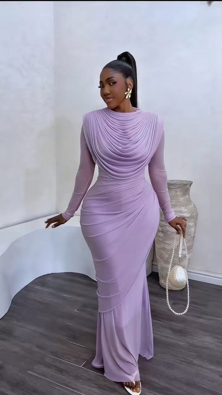 Elegant Mesh Draped Bodycon Midi Dress For Parties & Evening Events | Flattering High-Waist Design With Long Sleeves | Women's Fashion Cocktail Dress_ecoleips.com