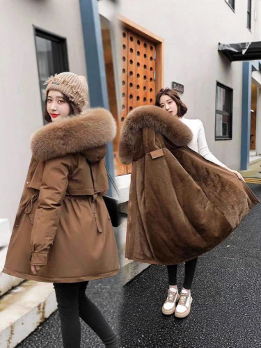 2025 winter European and American style cotton-padded coat, medium-length large fur collar plus velvet cotton-padded jacket, down cotton-padded coat, cotton-padded jacket