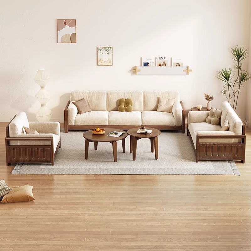 Sofá de madera sólida estilo nórdico japonés sala de estar pequeño moderno simple tela de madera de madera de estilo crema sofá de madera sólida
