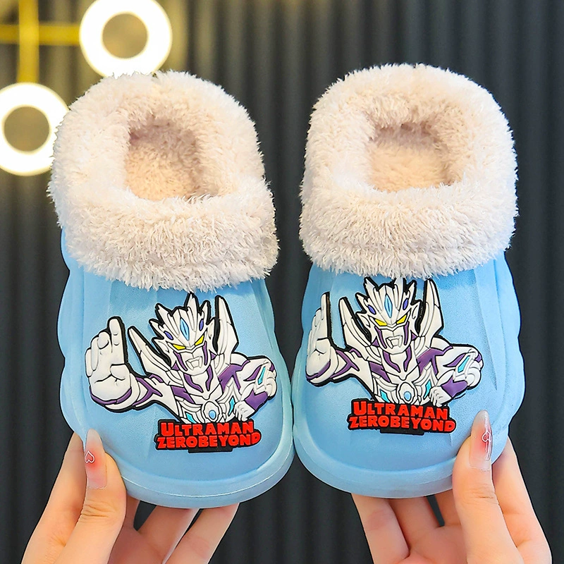 Cyros Ultraman Детские хлопчатобумажные тапочки с плюшевым толстым дном водонепроницаемые нескользящие тапочки для мальчиков зимой