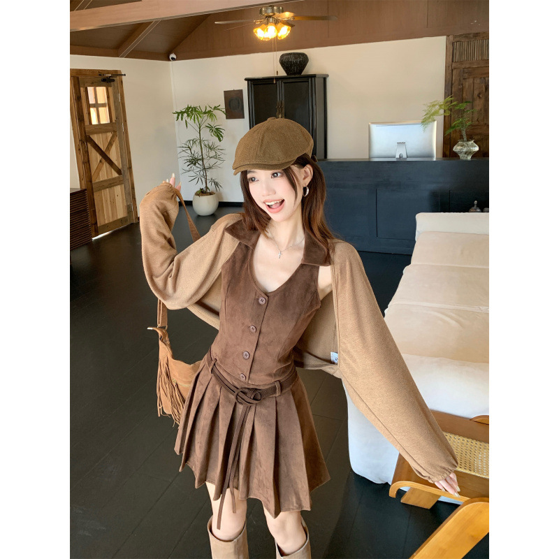 美拉德辣妹显瘦领背心皮绒百褶连衣裙+蝙蝠袖针织开衫两件套女|undefined