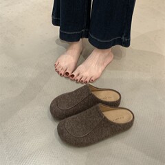 小众设计款包头半拖鞋女2025新款呢子丑萌大头面包鞋软底勃肯鞋