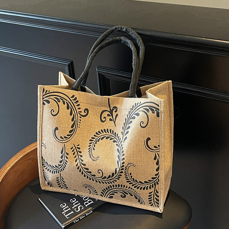 765g Weight Magnetic Buckle Closure Type Double Handle Strap Type Handbag Bags Type Casual, Holiday Occasion Hemp Material Geometric Pattern All Seasons Season Women's Gender Elegant, Vintage Style Style Square Shape Women's Hemp Geometric Elegant Vintage Style Square Magnetic Buckle Handbag 7