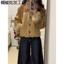 复古加绒加厚麂皮棉衣外套女冬季2025新款小个子翻领保暖短款上衣