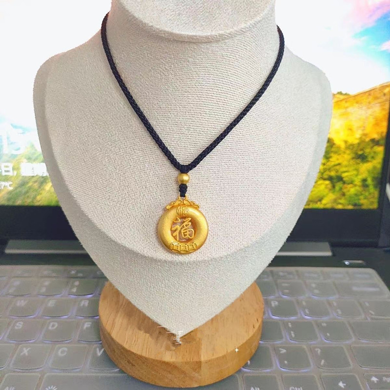 Popular new style chubby lucky charm pendant necklace with black rope, featuring the character "福" (fortune) and the character "元宝" (ingot), a Chinese style gift for girlfriends.