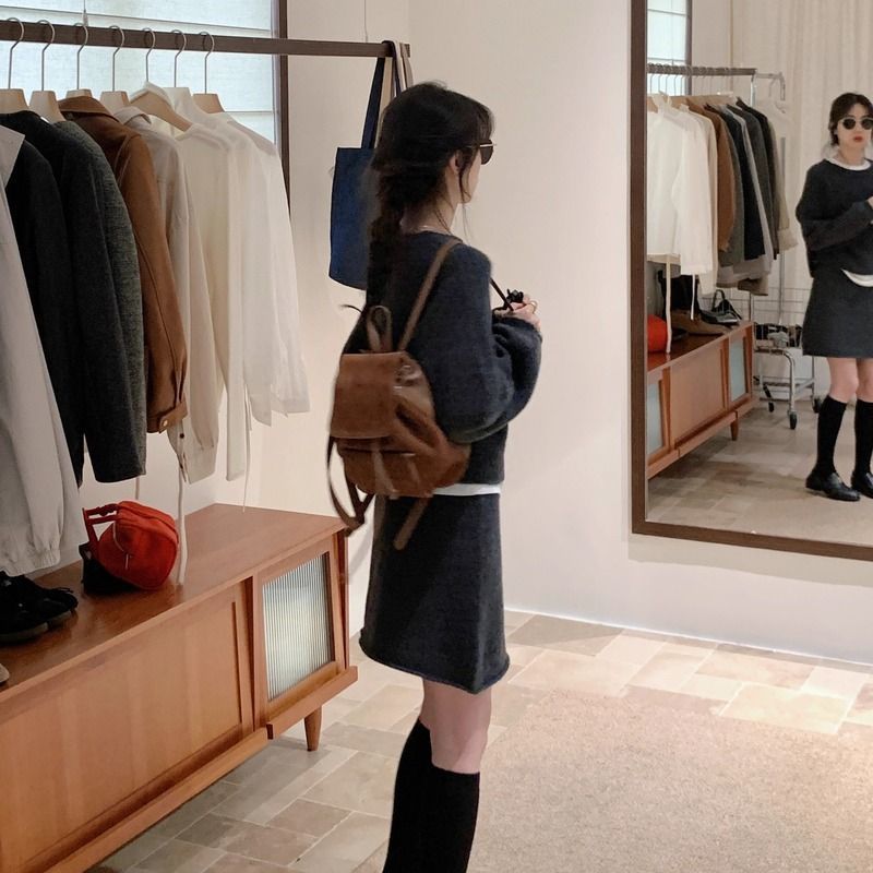 BRLWIN韩系通勤灰色针织半身裙女装2025秋新款复古百搭半裙呢子|undefined