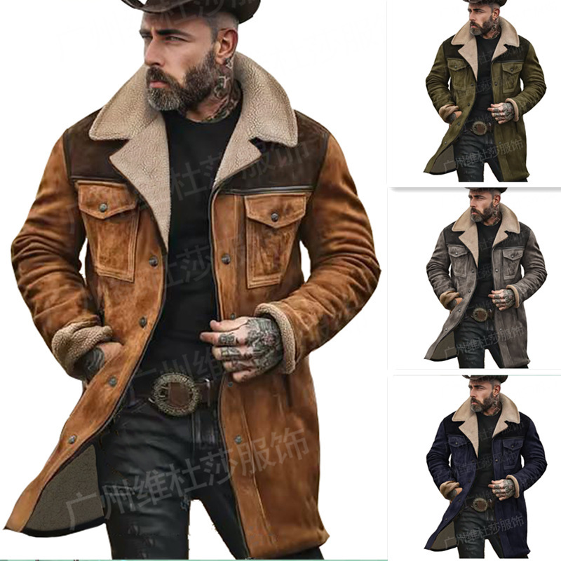 in stock Europe and the United States 2024 autumn and winter men's coat cross-border suede color block jacket Amazon multi-pocket zipper coat