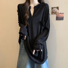 大码肌理感中长款V领长袖t恤女早秋2025新款宽松显瘦时尚上衣女装
