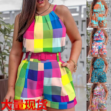 亚马逊2025独立站速卖通新款 欧美跨境无袖印花时尚女装两件套女
