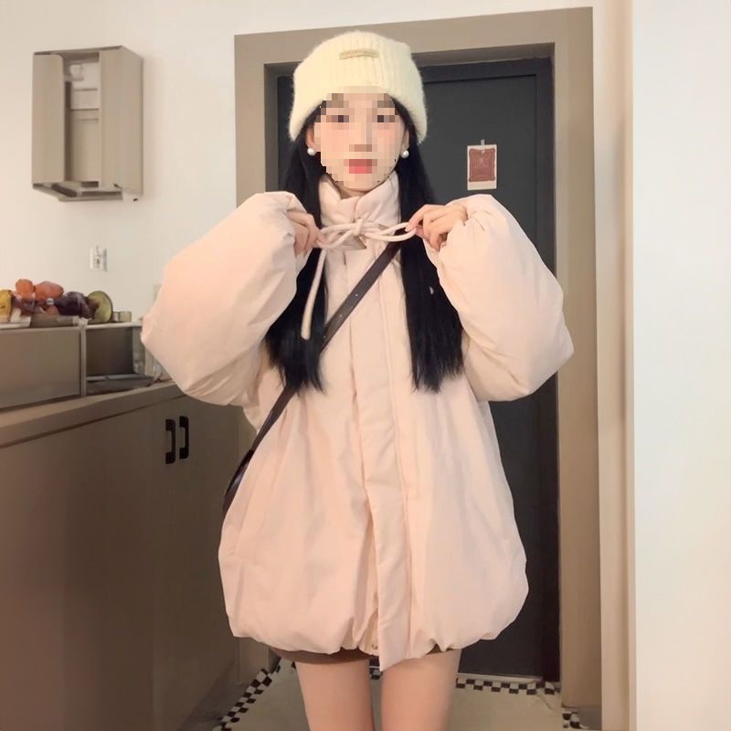 蝴蝶结绑带设计感粉色羽绒服外套女冬季学生宽松加厚保暖抗寒外穿