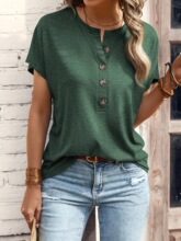 N 60057 Solid Color Button Short Sleeve T-Shirt ��ɫŤ�۶�