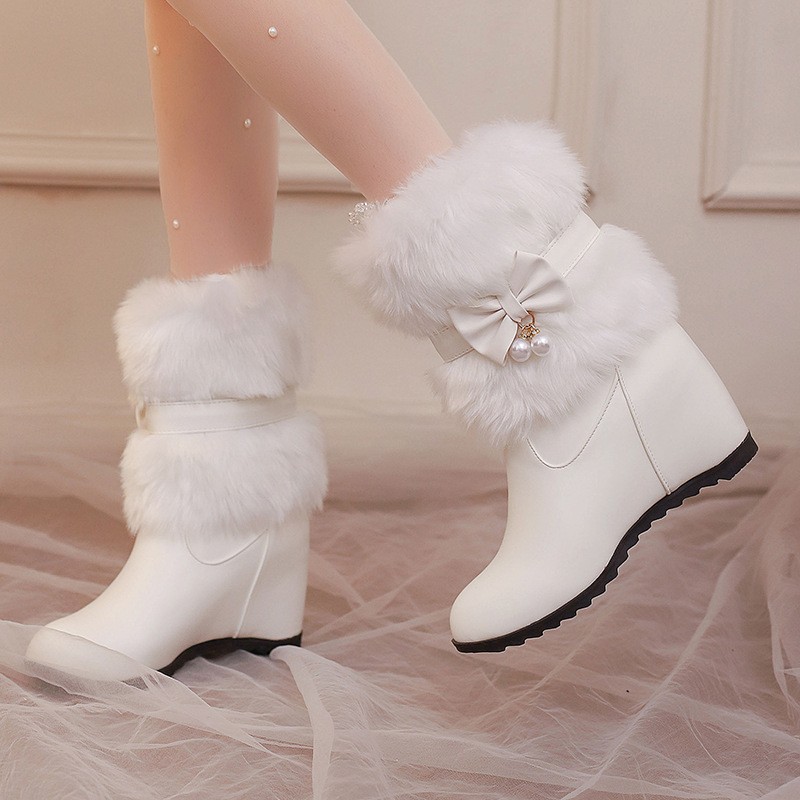 2024 Women's Foreign Trade Cross-border Solid Color Cute Bow Pearl Fluffy Mao Boots Inner Height Boots Women's Boots