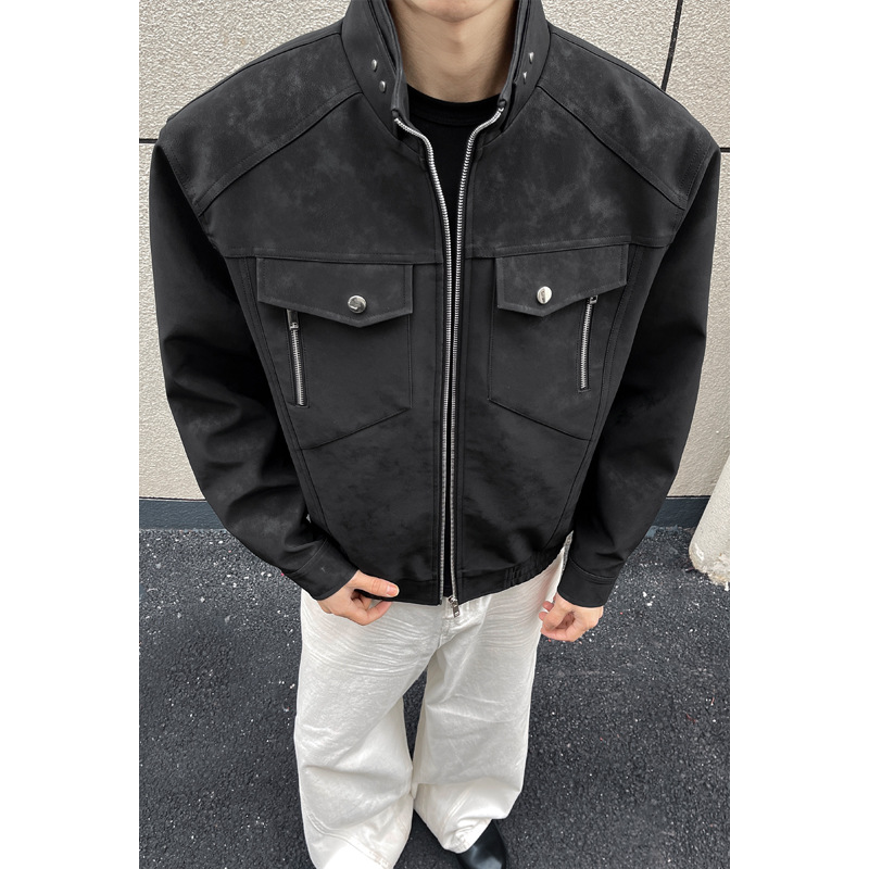 American Retro Workwear Leather Jacket For Men, Spring Cleanfit Flight Stylish Stand-up Collar Baseball Jacket, Trendy_voghion.com