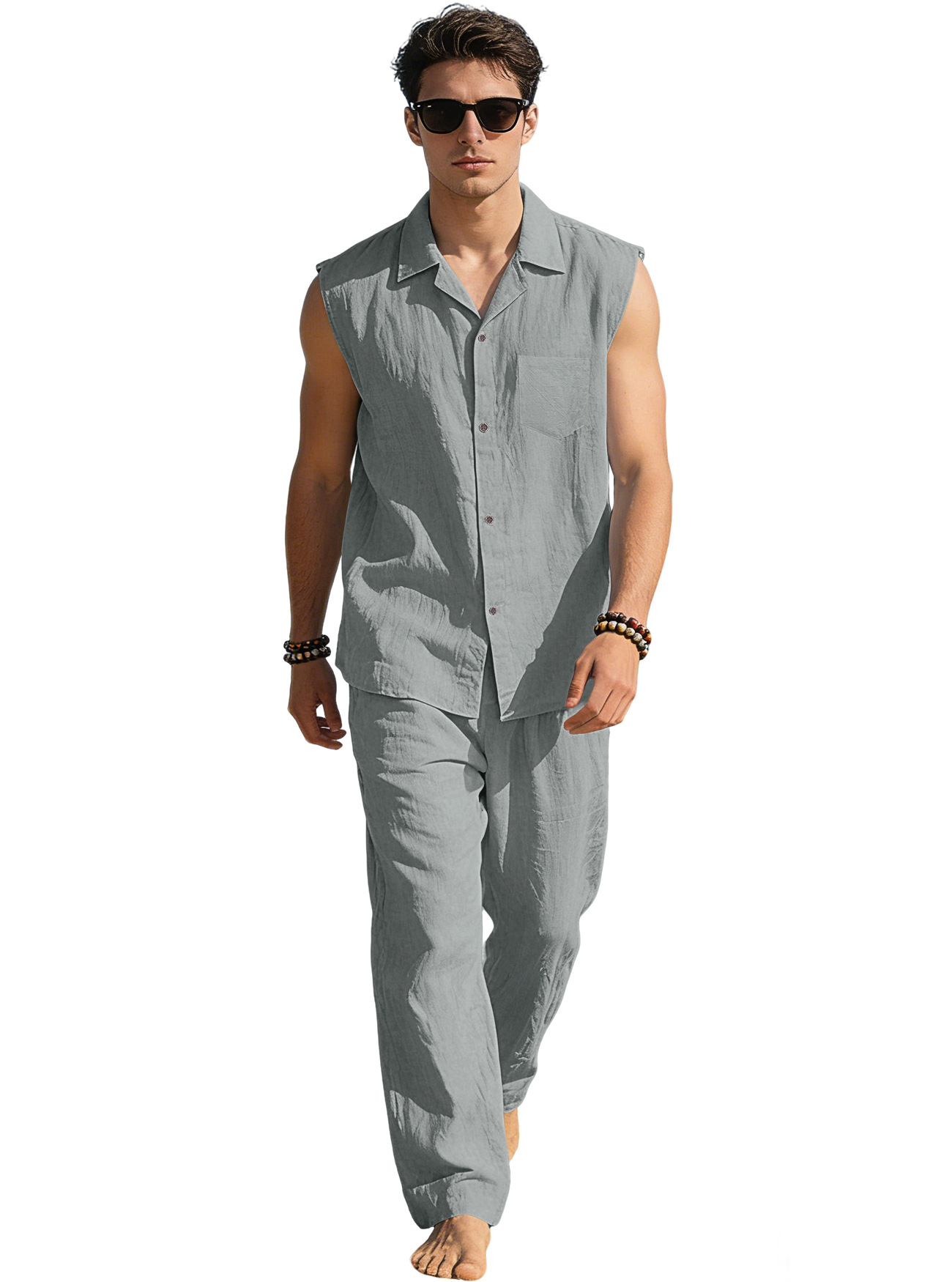 Europa y América transfronterizos de verano hombre camisa delgada sin mangas con solapa deportiva casual lino camisa de color sólido pantalón conjunto