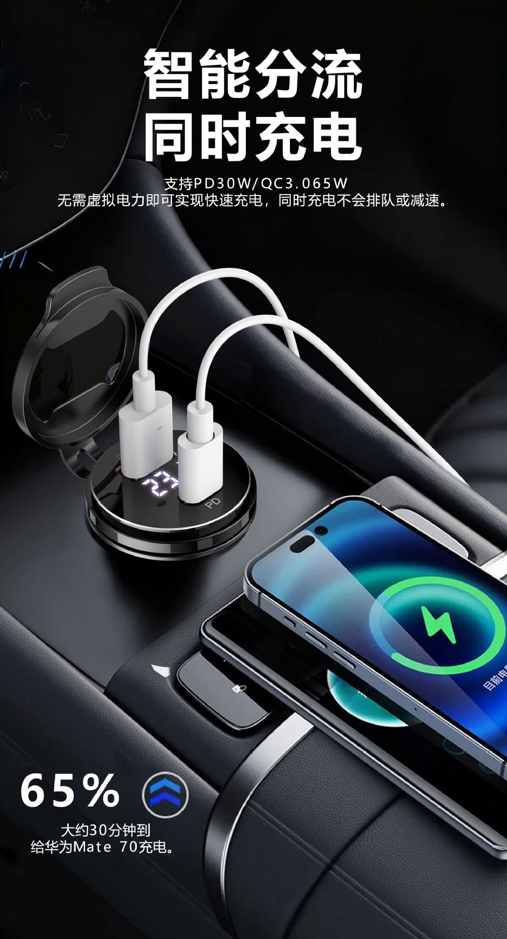 Cross-Border New Product Motorcycle Mobile Phone Charger Pd+Qc3.0 Modified Car Charger with Digital Display in Stock