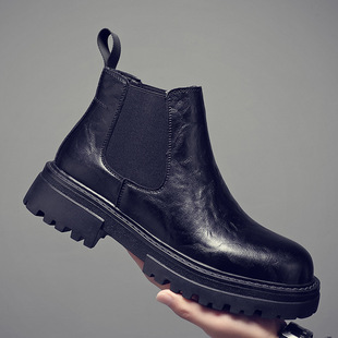 Martin Boots Men's High-top Leather Shoes British Style Thick-soled Height-increasing Winter fleece-lined Black Motorcycle Boys Soft Leather Mid-top Boots