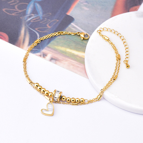 Fashion internet celebrity same style jewelry zircon transfer beads double layer love anklet shell small gold beads titanium steel color retention