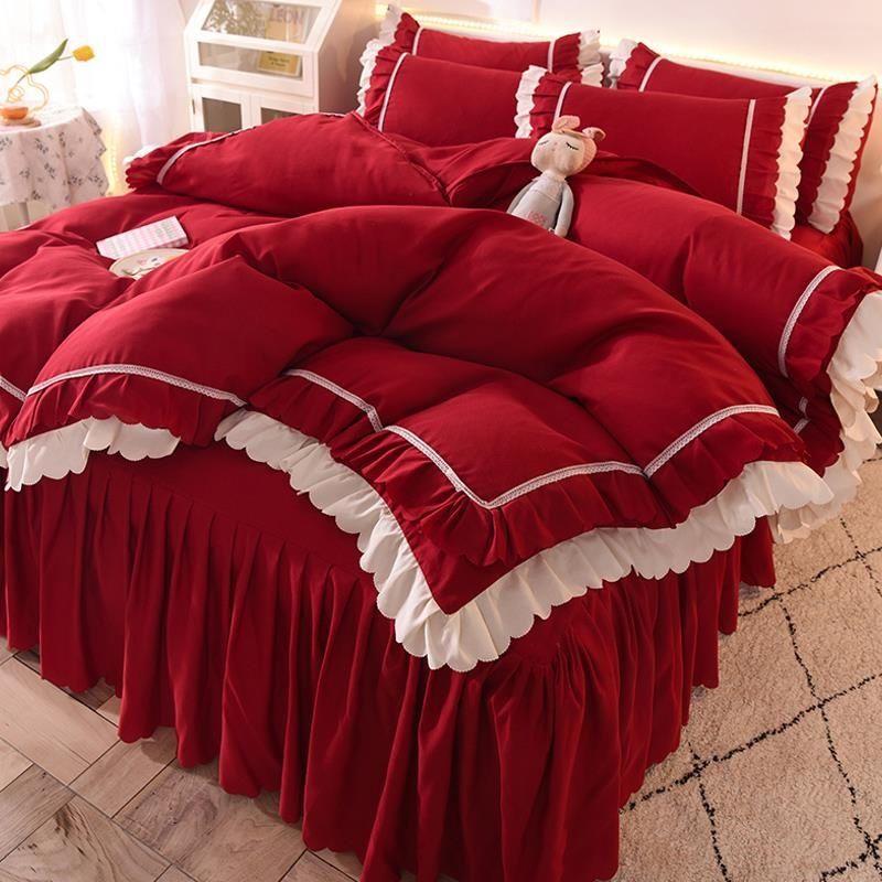 Korean Princess Style Bed Skirt Four-Piece Set Washed Cotton Red Wedding Quilt Cover Bed Sheets Pillowcase Three-Piece Cute Set