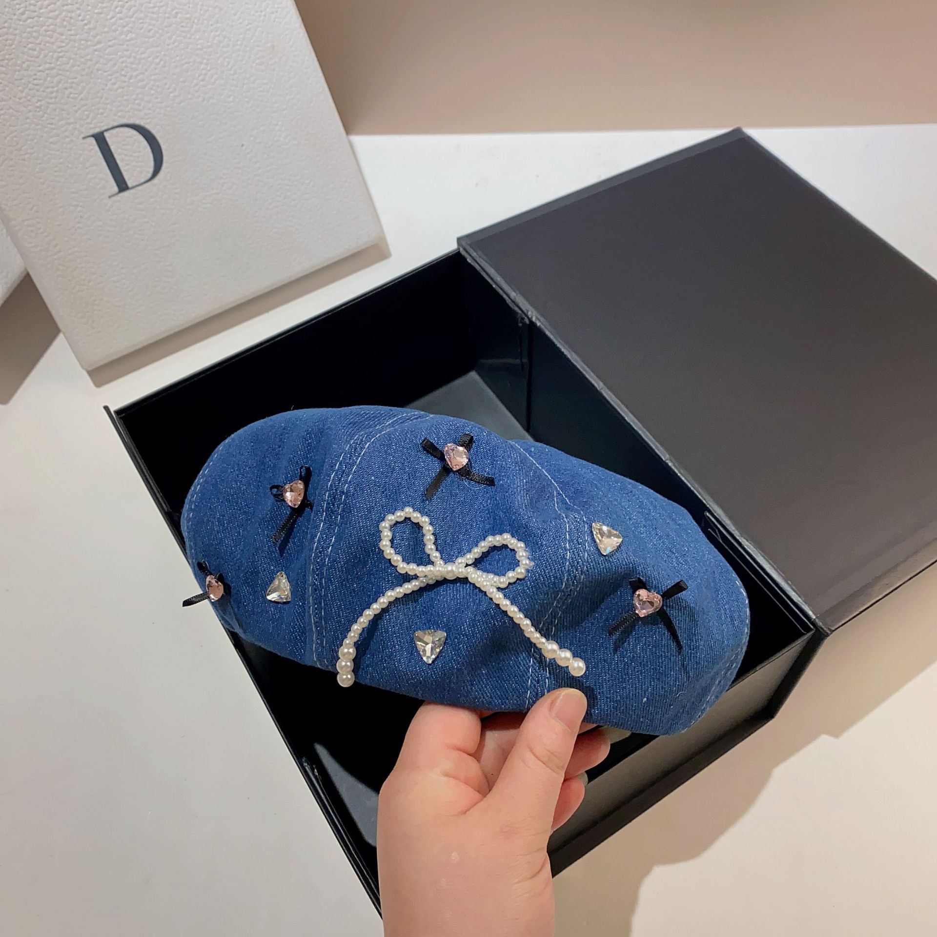 Veelzijdige, schattige baret, dunne, kleine, elfenstrik, achthoekige denim hoed in de lente en zomer_voghion.com