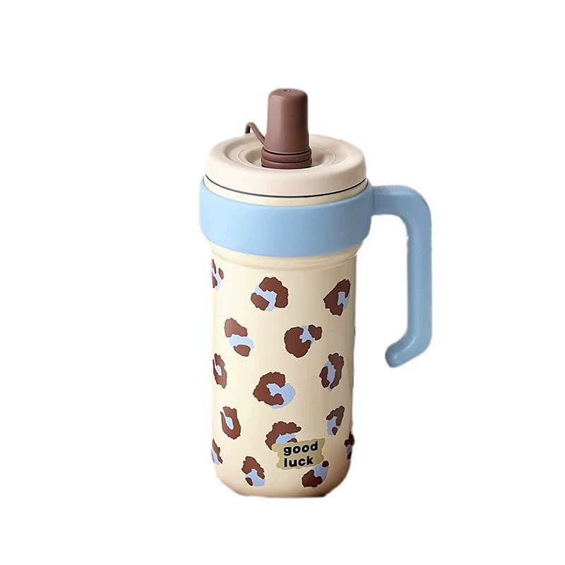 Thermos with glass, capacious high quality tea cup, handheld straw for students