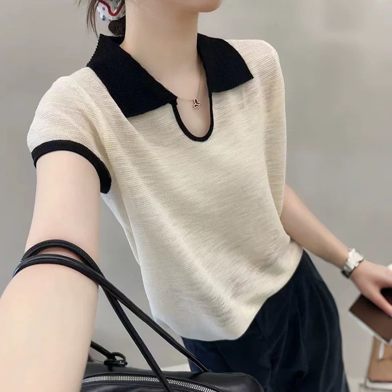 2026 Summer New Style Lapel Color-Blocking Niche Knit Top Stylish and Elegant Short-Sleeve T-Shirt for Women