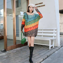 221036连帽加厚水貂毛连衣裙个性印花欧货潮牌中长款毛衣撞色印花