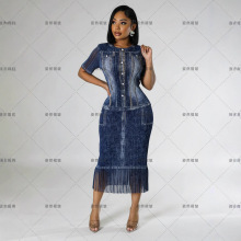 Miyake非洲大码时尚女装三宅褶皱仿牛仔印花雪纺两件套裤裙休闲裙