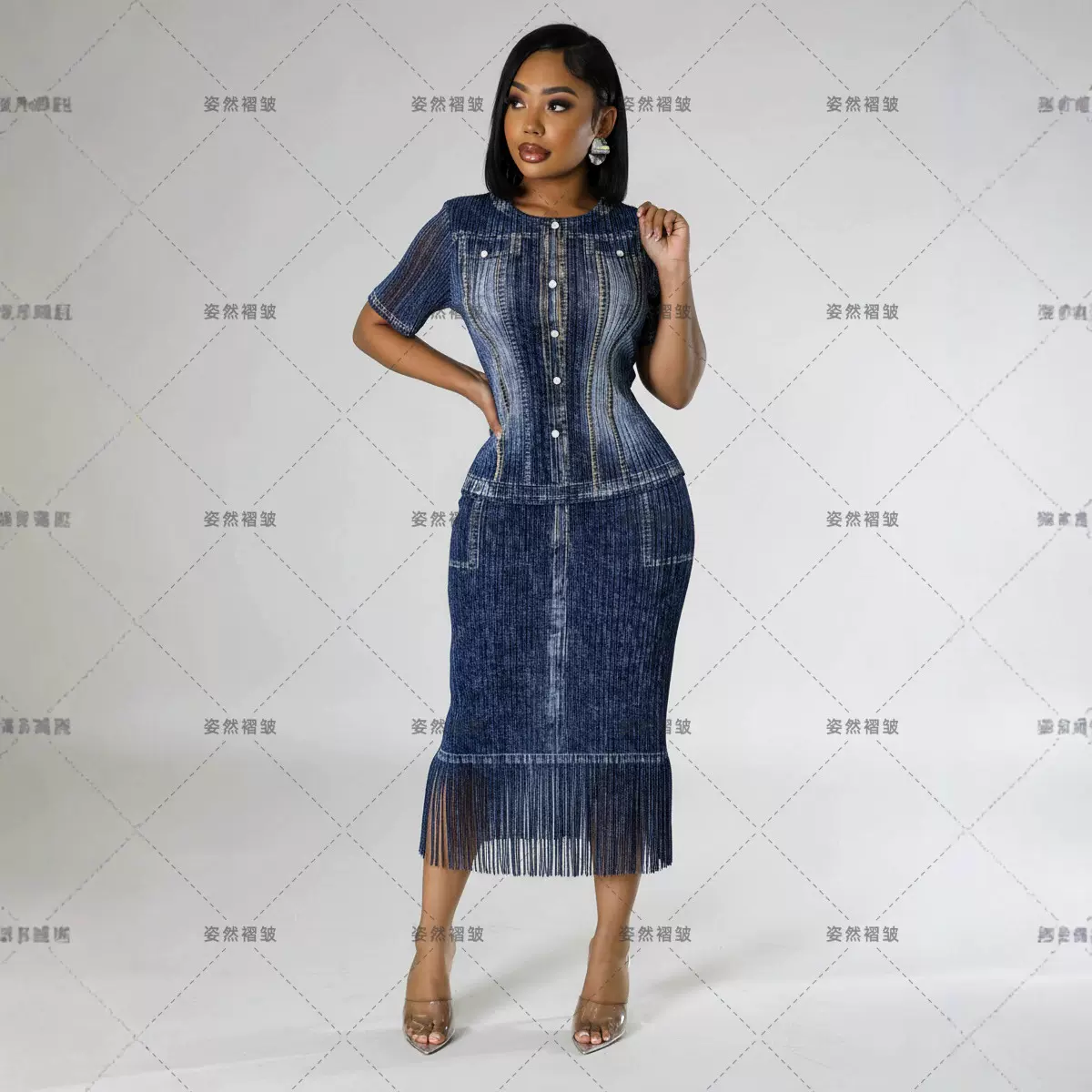 Miyake非洲大码时尚女装三宅褶皱仿牛仔印花雪纺两件套裤裙休闲裙