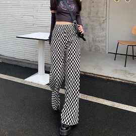 大码女装冰丝阔腿裤女夏季薄款高腰垂感棋盘格休闲裤百搭拖地裤