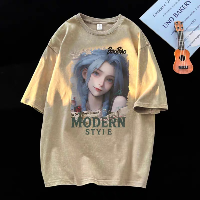 アメリカンヘビーウェイトピュアコットンウォッシュ加工ダメージ半袖Tシャツメンズ夏ルーズ半袖ハイストリートTシャツボトリングシャツトレンディブランド|undefined