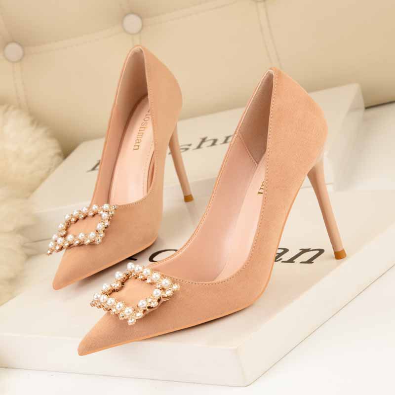 121-13 han edition fashion high heels for women's shoes high heel with shallow pointed mouth pearl diamond square buckle suede shoes