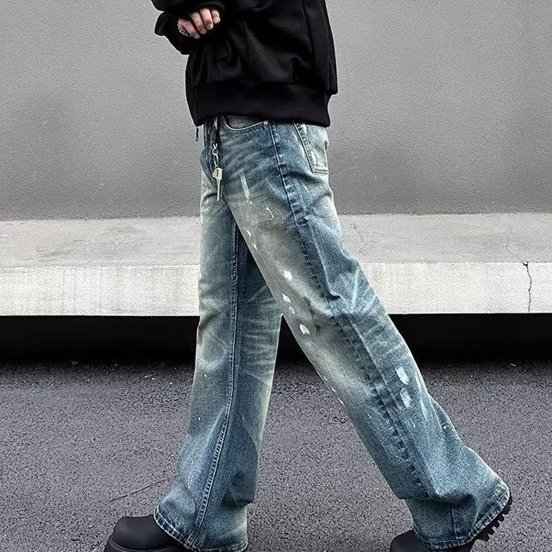 Unisex Trendy Loose Straight Leg Jeans American Retro Cleanfit Splatter Paint Casual Floor Length Wide Leg Pants_mkmklike.com