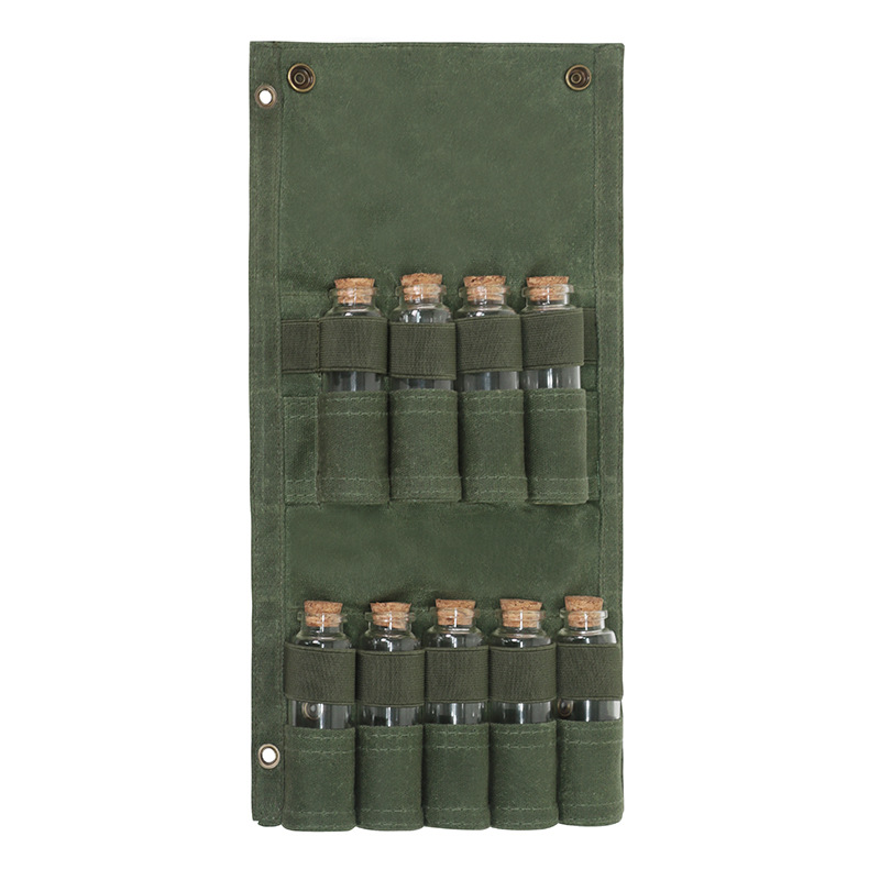 Outdoor-Camping-Flaschenset mit 9 Glasflaschen, faltbarem Gewürzbeutel, Canvas-Tasche (Großhandel)_voghion.com