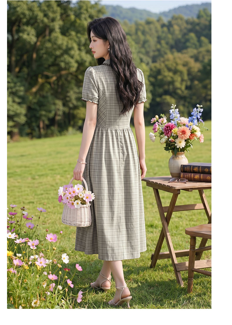 Đầm maxi nữ thắt eo họa tiết kẻ caro phong cách vintage — Màu ảnh chi tiết 9