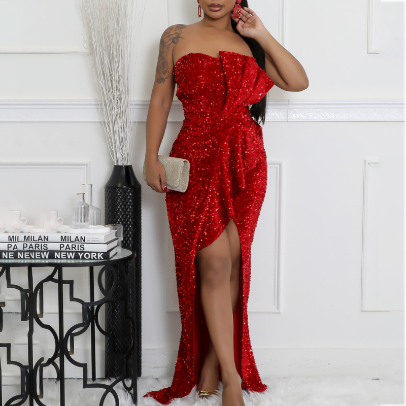 C8651 New Foreign Trade Model European and American Amazon Style Elegant Socialite Off-Shoulder Sexy Slim-Fit Long-Sleeve Dress Sequined Long Gown