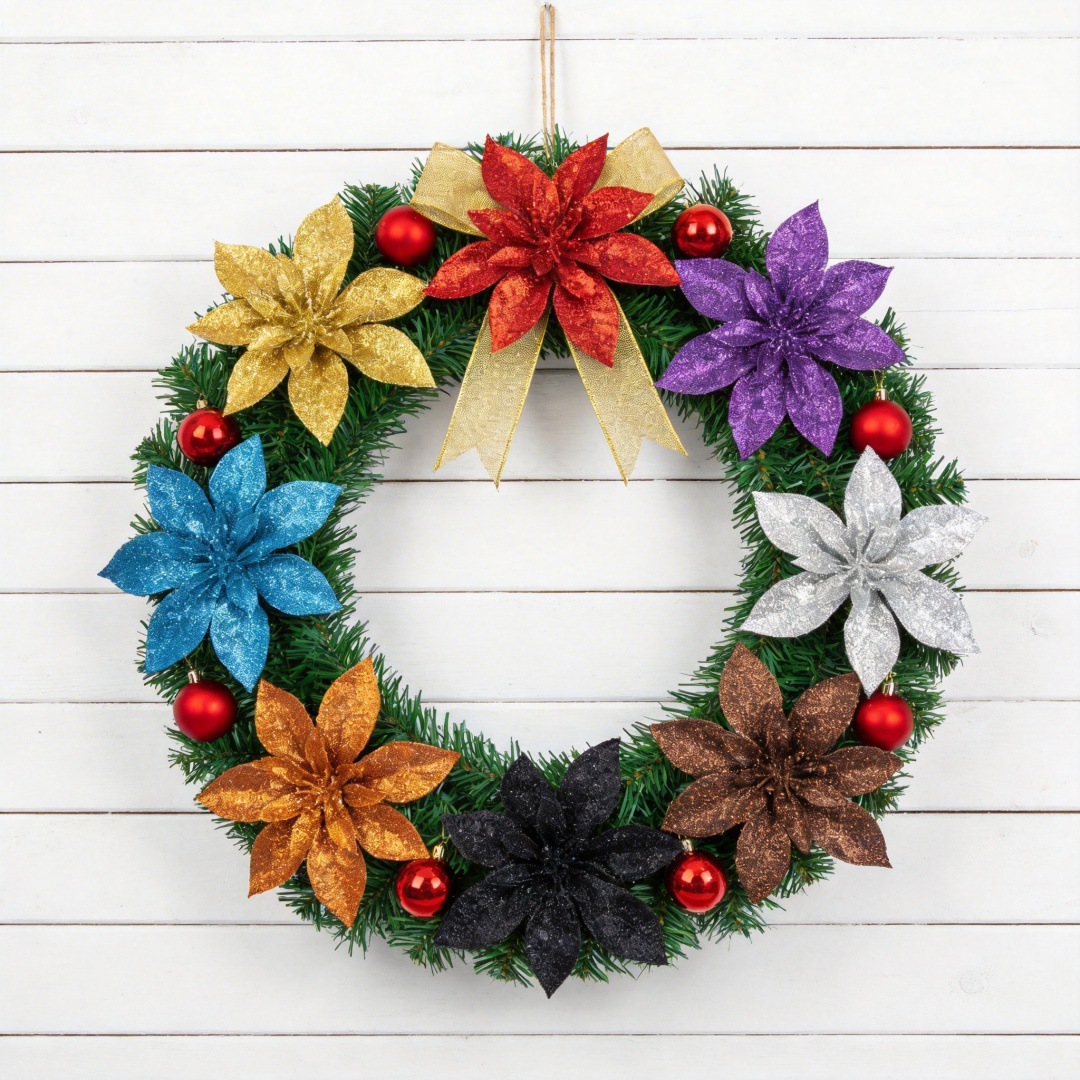 新款圣诞节装饰品 金粉花藤条花环花 门窗圣诞花厂家批发