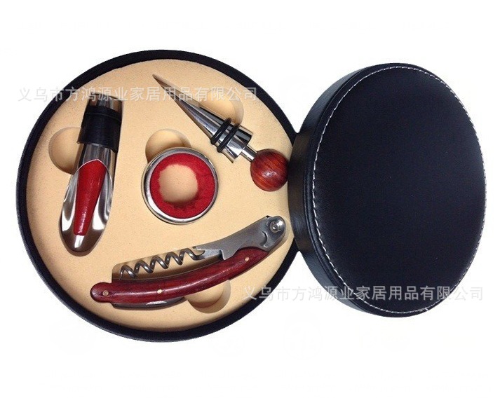 Black-A6 라운드 가죽 상자 와인 병 오프너 세트